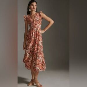 LIKE NEW Anthropologie The Peregrine Midi Dress - Red and Pink, Size Small